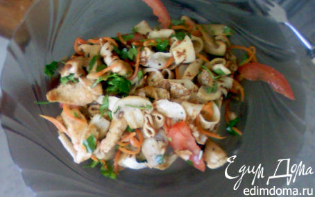 Рецепт Тёплый салат с блинами, грибами и курицей.