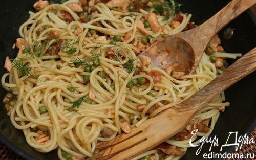Рецепт Спагетти с семгой и беконом в воке