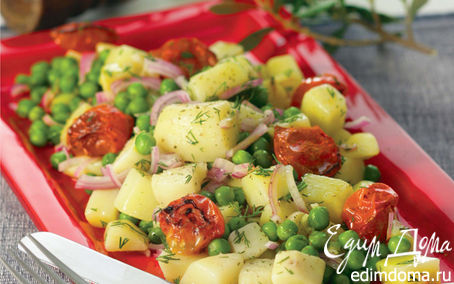 Рецепт Теплая картофельная закуска с зеленым горошком, жареными томатами и укропом