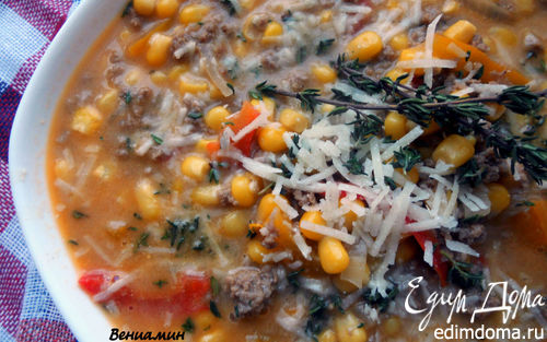 Рецепт Суп с фаршем, сладким перцем, кукурузой и дижонской горчицей