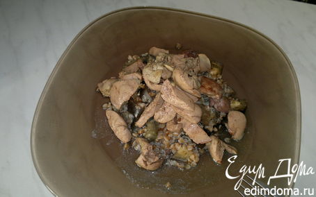 Рецепт Острая гречневая каша с баклажаном, имбирем и чесноком, печень кролика с кориадром