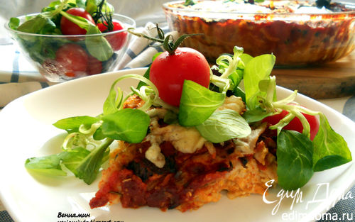 Рецепт Лазанья из ржаных блинчиков с курицей, томатами и базиликом