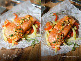 Томленый лосось на подушке из овощей с соусом из апельсина и паприки