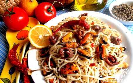 Рецепт Быстрые спагетти с мидиями от Джейми Оливера для Вики (Ла Ванда)
