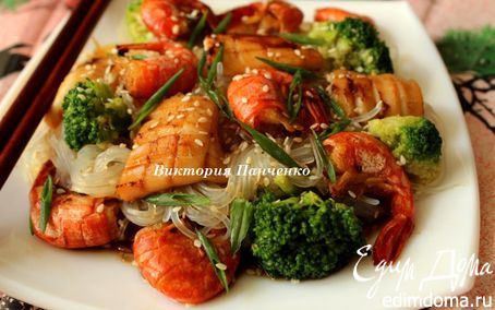 Рецепт Рисовая лапша с брокколи и морепродуктами ("Неделя японской кухни")