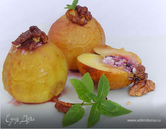 Яблоки, запеченные с творогом, черникой, орехами и медом
