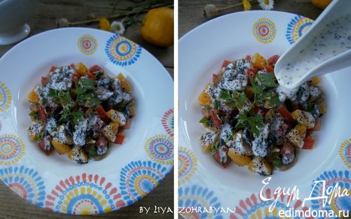 Рецепт Салат с апельсином, грибами, помидором и маковым соусом