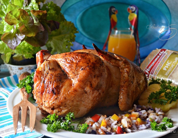 Курица по-карибски, фаршированная рисом и овощами