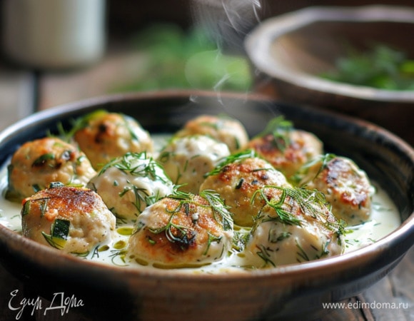 Куриные фрикадельки с кабачком и укропом в йогуртовом соусе