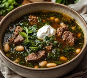 Щавелевый борщ с говядиной и фасолью