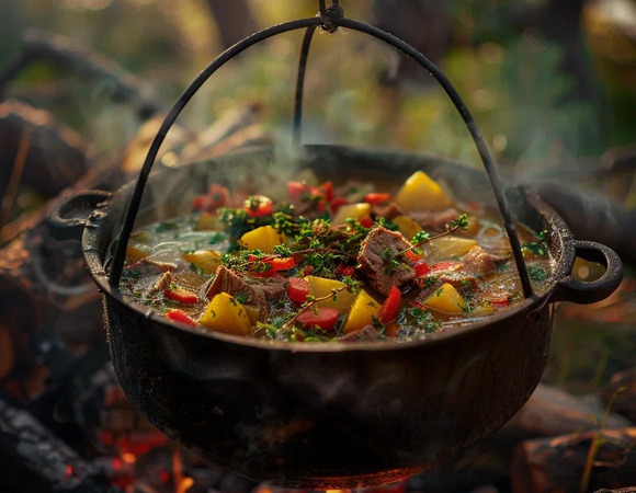 Шурпа в казане на костре