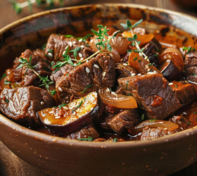 Говядина тушёная с луком и баклажанами