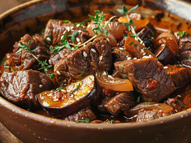 Говядина тушёная с луком и баклажанами