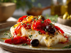 Треска с печеным перцем и оливками