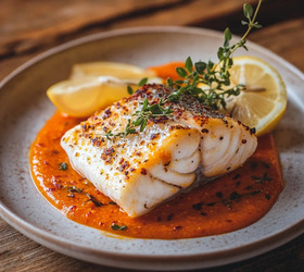 Филе белой рыбы с соусом из печёного перца Филе белой рыбы с соусом из печёного перца