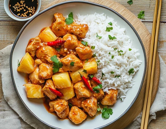 Тайская пряная курица с ананасами и рисом