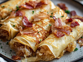 Блины с квашеной капустой и жареным беконом