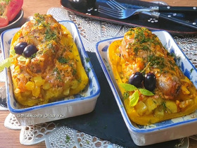 Лодочки из тыквы с овощами и птицей